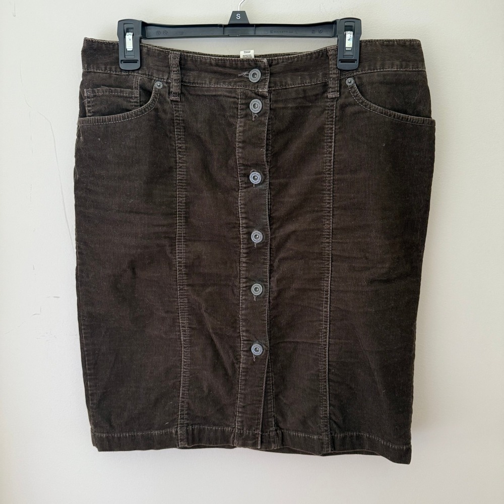 Ann Taylor LOFT Vintage Corduroy Skirt Brown Button Front Pockets Womens Size 10